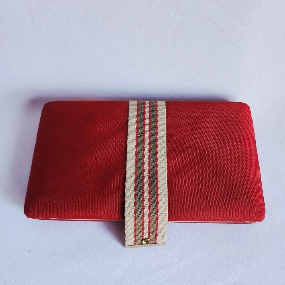 Vintage MCM Red Jewelry Box Travel Case Mirror 1960s Retro Canvas Organiser Mod